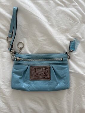 Coach Light Blue Leather Wristlet with Signature Patch